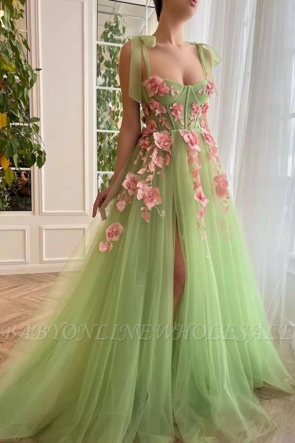 Delicate Straps Tulle Prom Party Dress with 3D Floral Embellishment