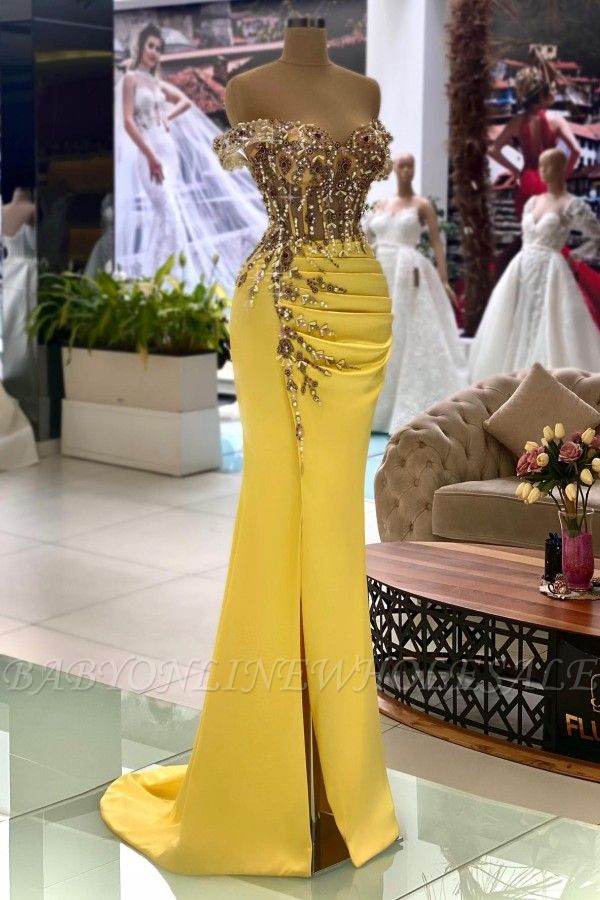 Daffodil Beaded Strapless Off the Shoulder Floor Length Prom Party Dress