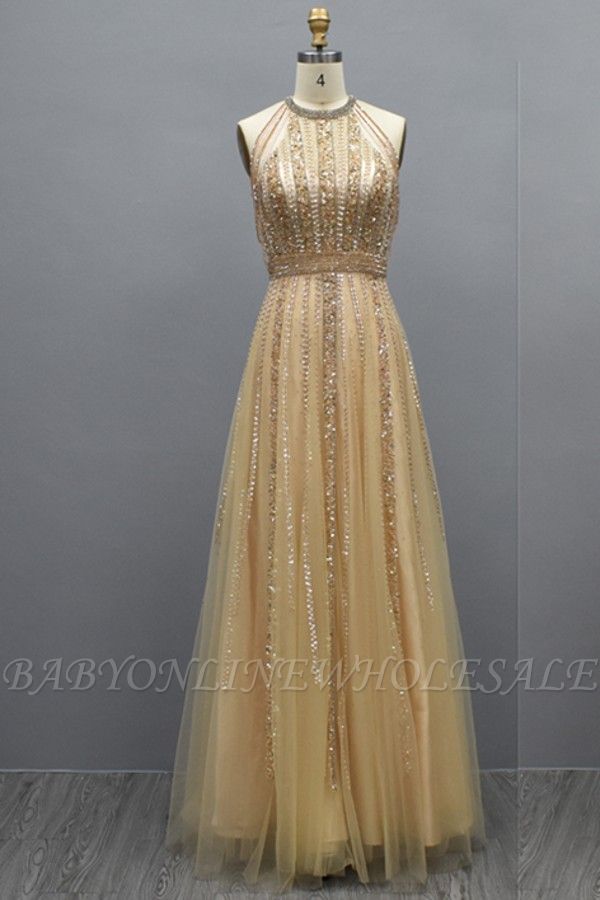 Gold beaded sleeveless Tulle Evening Dresses