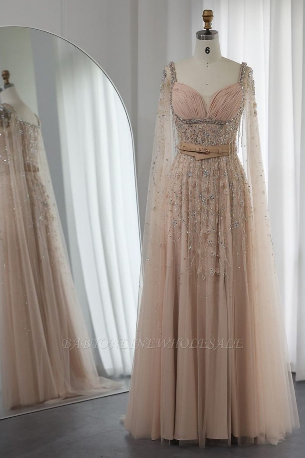 Charming Sweetheart Tulle Beading Long Evening Dress Cape Sleeves Formal Dress with belt