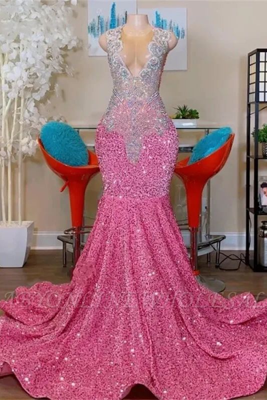 Sleeveless Silver Beaded Pink Sequin Mermaid Prom Dresses