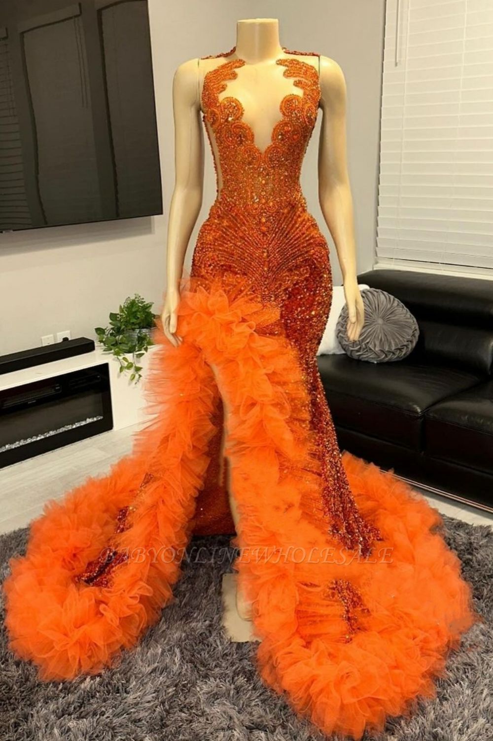 Сексуальное платье русалки без рукавов с круглым вырезом и оранжевыми бусинами, вечернее платье из тюля с боковым разрезом длиной до пола