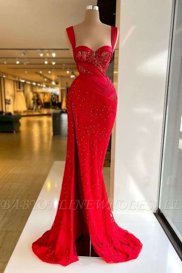 Trendy Floor-Length Sweetheart Sleeveless Split Front Mermaid Satin Lace Prom Dresses with Beads