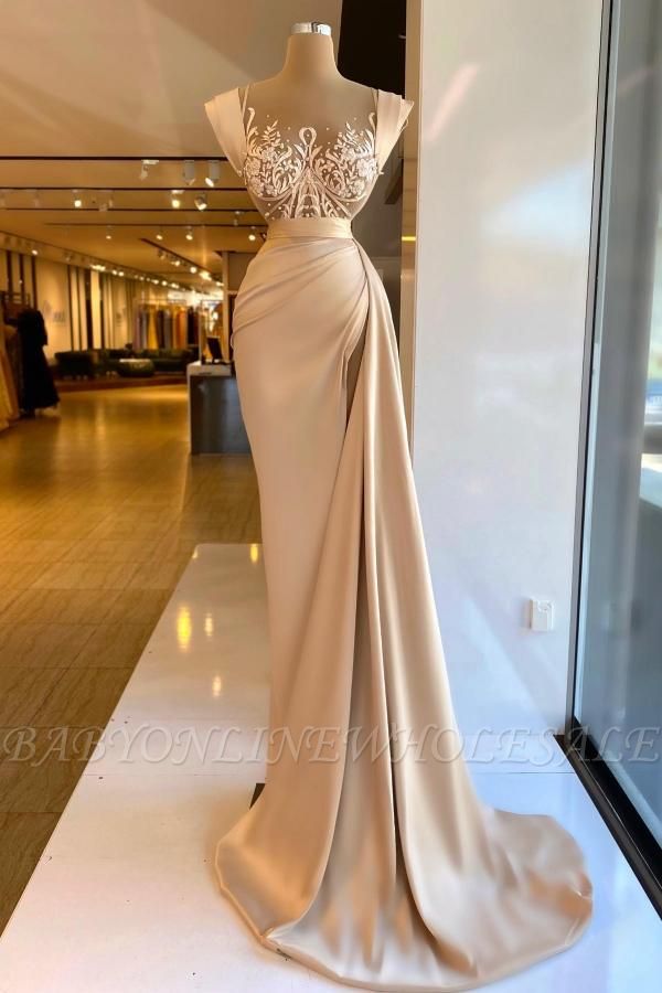 Charming Mermaid Straps Sleeveless Satin Lace Prom Dresses with Sweep Train