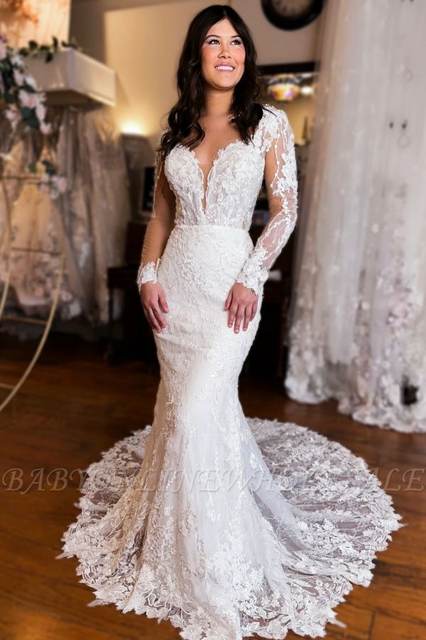 Long sleeves V-neck White Lace Wedding Dresses