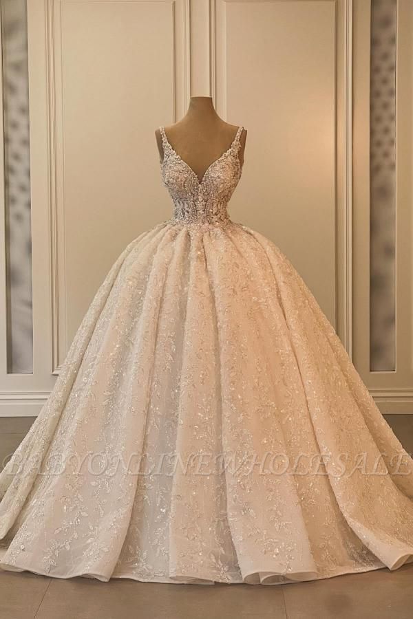 Ivory V-neck Lace Luxury Ball Gown Wedding Dresses