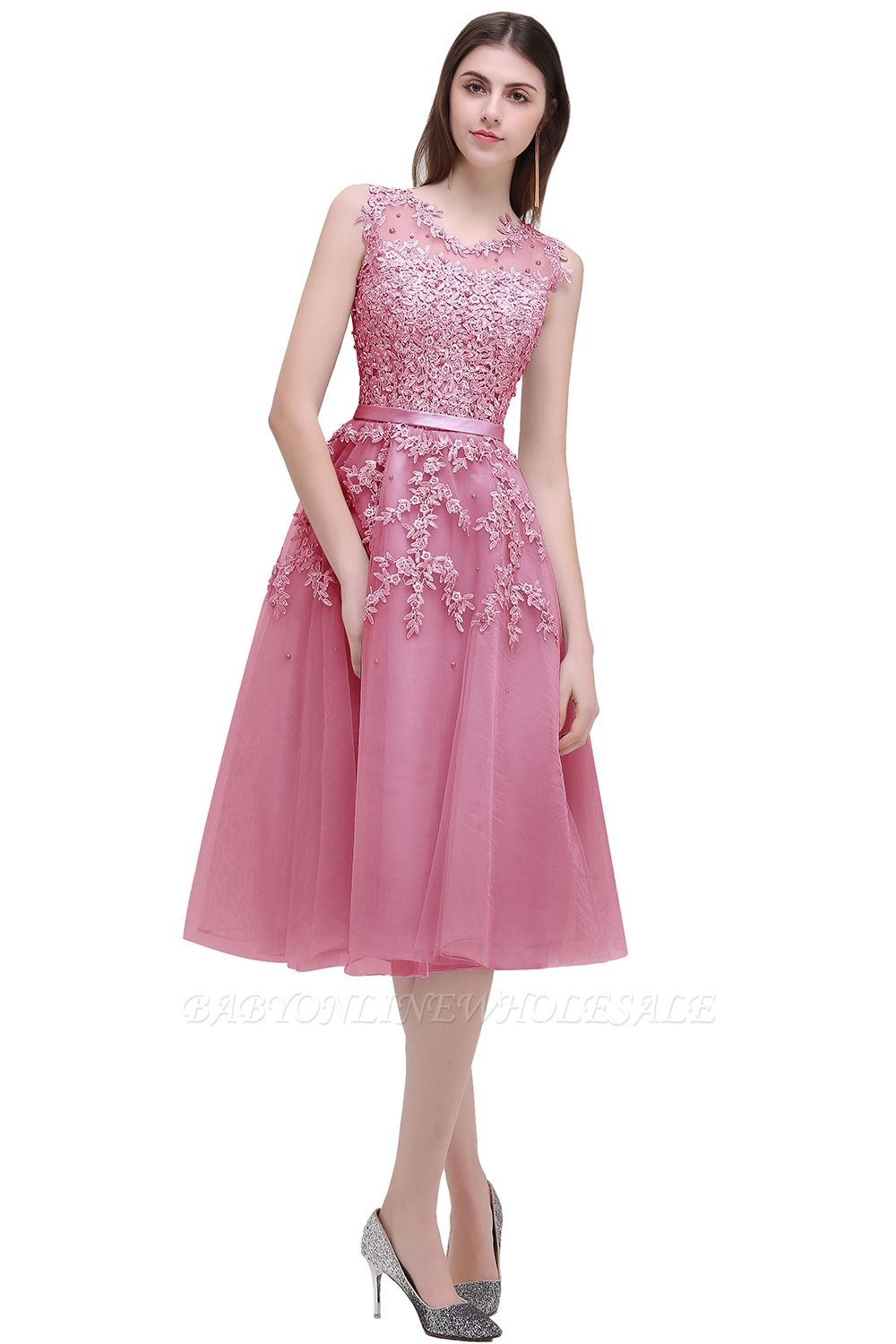 EMORY | A-Line Crew Tea Length Lace Appliques Short Prom Dresses