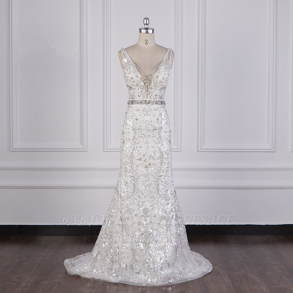 Charming Sheath Sequins V-Neck A-Line Floor Length Sleeveless Wedding Dress