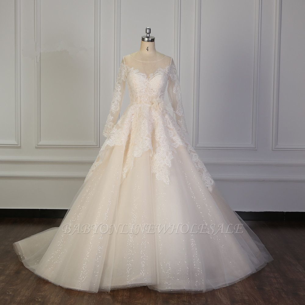 Vintage Jewel Sequins Long Sleeves Lace Tulle Ball Gown Wedding Dress