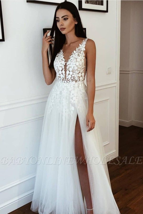 Correias Decote em V Apliques Vestidos de noiva a linha | Side Split Tulle Bridal Gowns