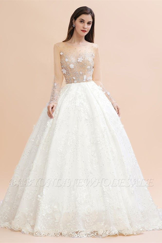 Charming Floral Lace Appliques Hochzeitskleid Wunderschöne weiße Perlen Brautkleid