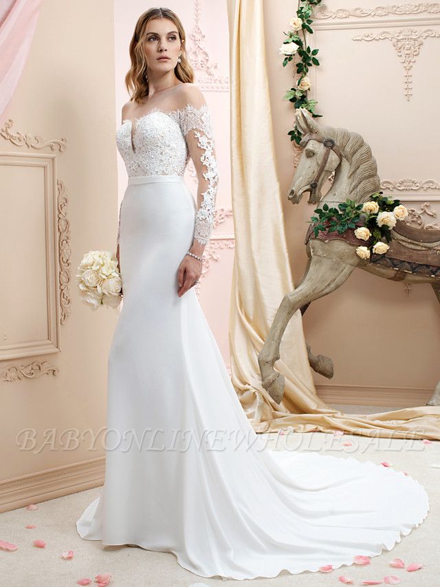 Long sleeves Lace White A-line Satin Wedding Dresses