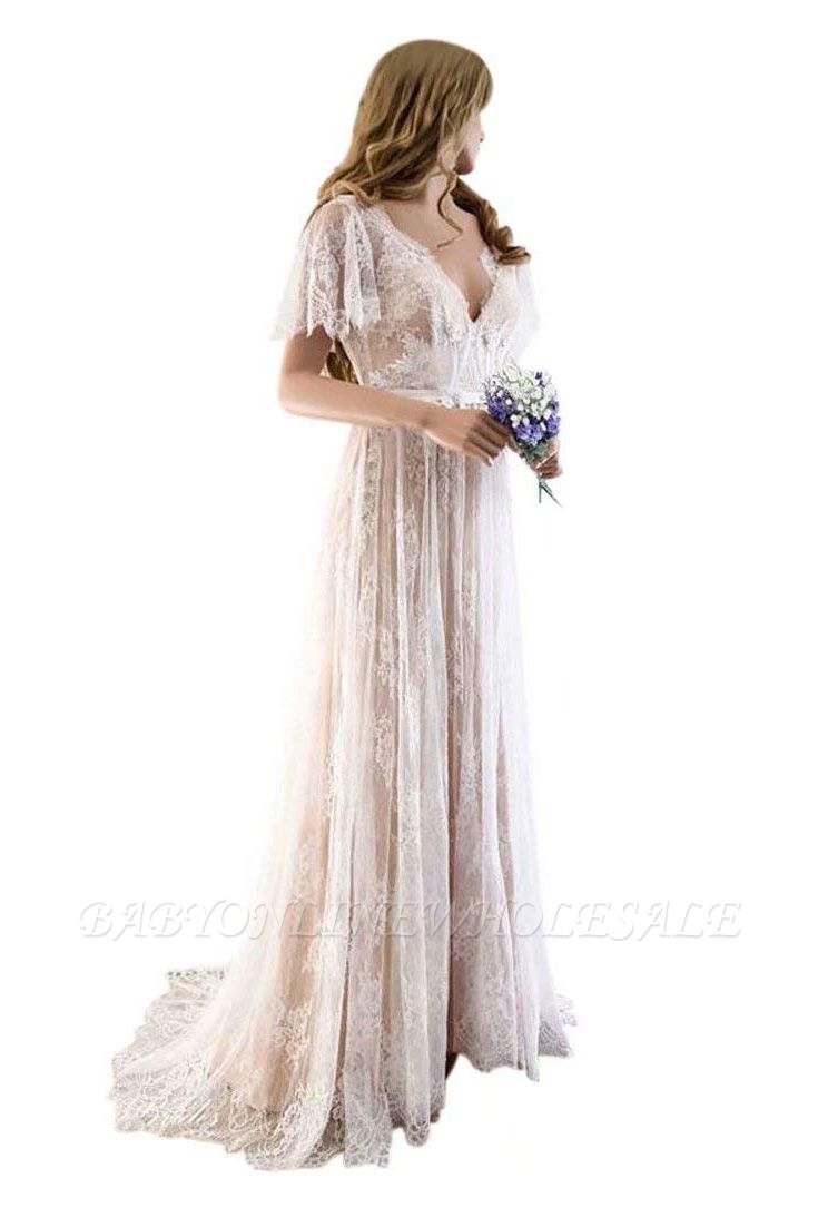 الدانتيل فريد نصف الأكمام فستان الزفاف بوهو | شيك فساتين زفاف بيتش الصيف