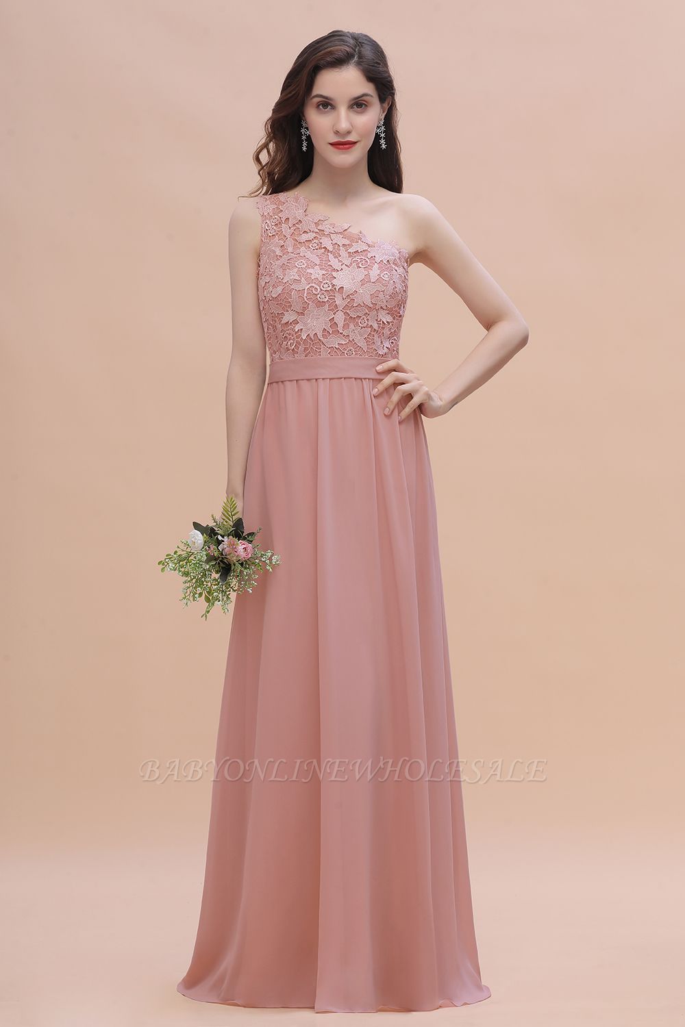 One Shoulder Dusty Pink Floral Pattern Aline Bridesmaid Dress