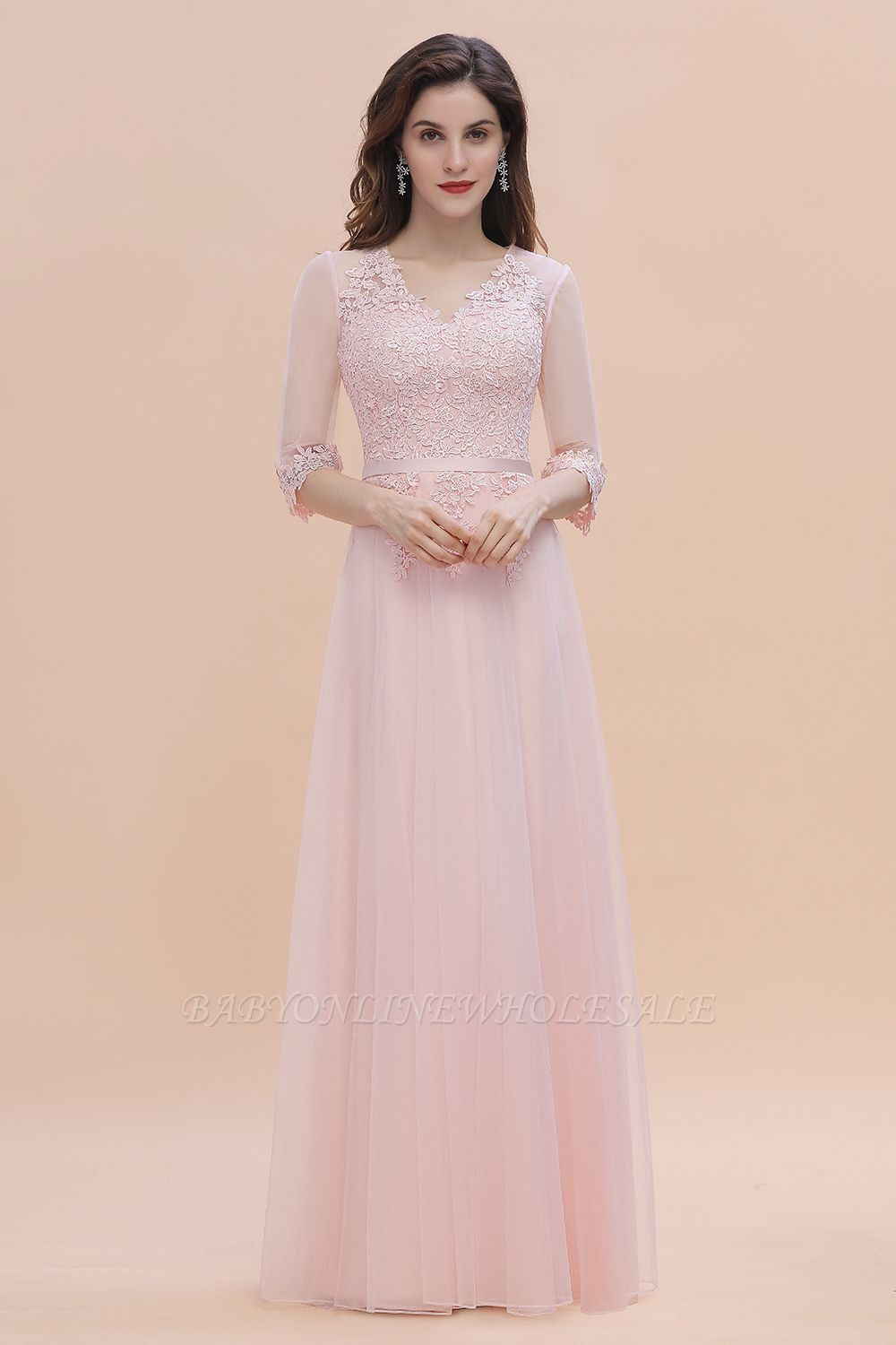 Romantic 3/4 Sleeves Pink Wedding Guest Dress Lace Appliques