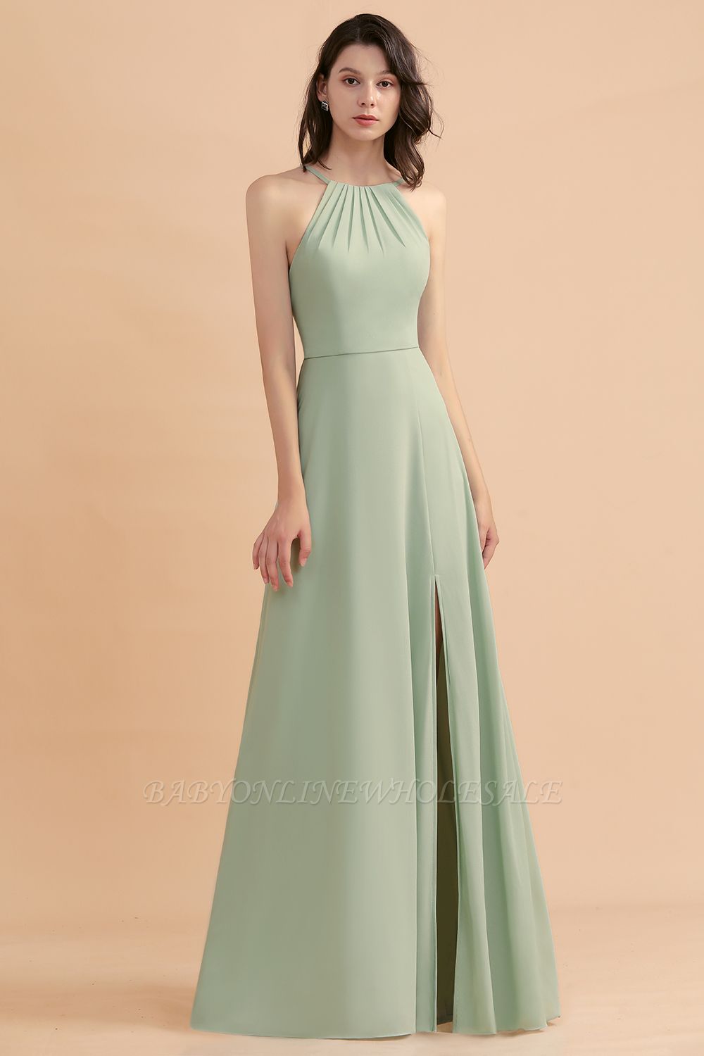 Halter Mint Green Aline Wedding Guest Dress Sleeveles Long Banquet Dress with Side Slit