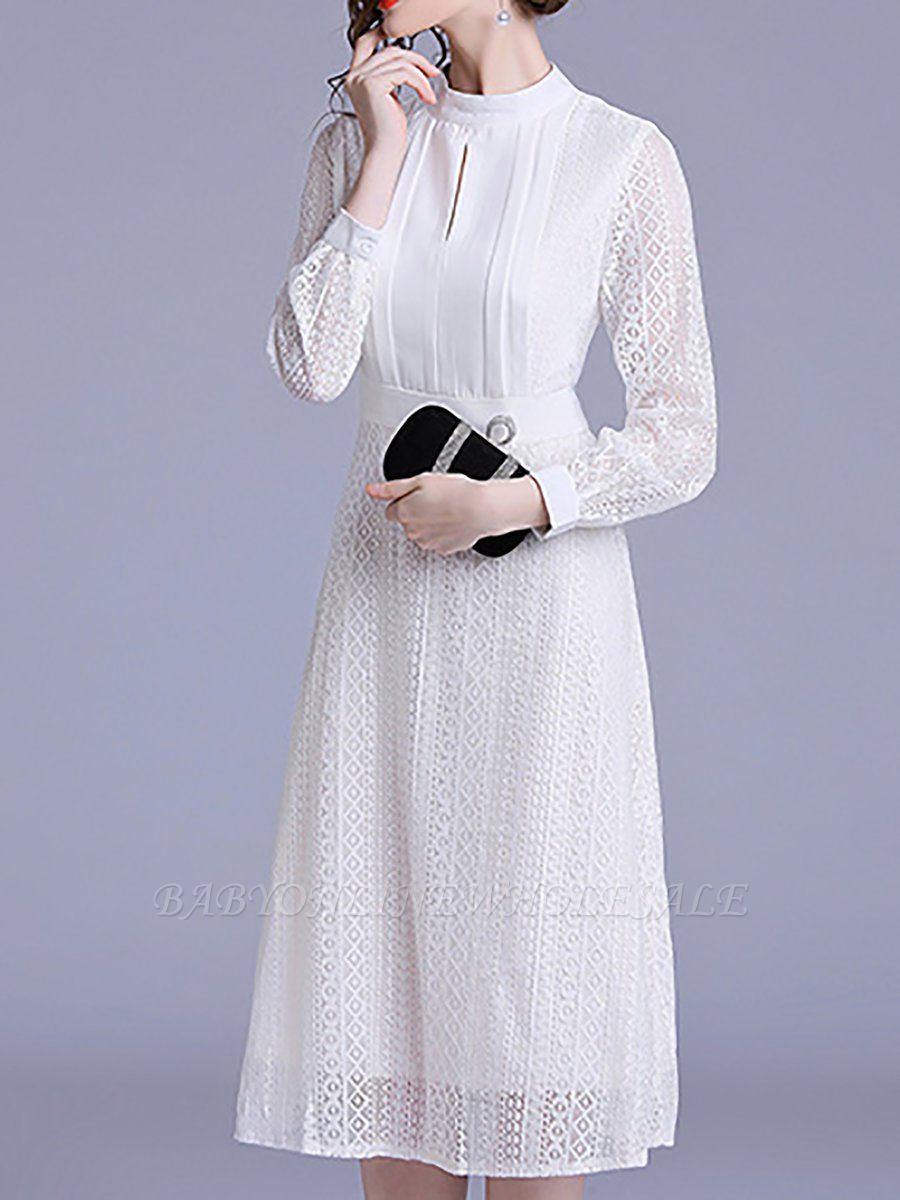 White Lace See-through Look Guipure lace A-line Stand Collar Midi ...