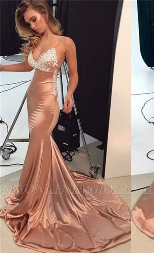 Sparkly Lace Appliques Mermaid Evening Dresses | Spaghetti Straps Sexy Long Prom Dresses