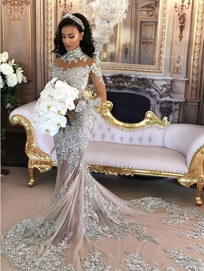 Elegant High neck Long sleeves Mermaid Wedding Dress | Silver Tulle Bridal Gowns with Lace Appliques