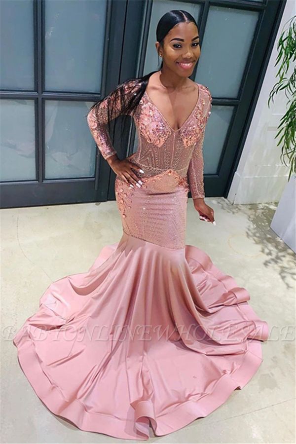 Rosa pérolas lantejoulas sexy com decote em v vestidos de baile | Fit and Flare Manga comprida Elegante Vestidos de noite