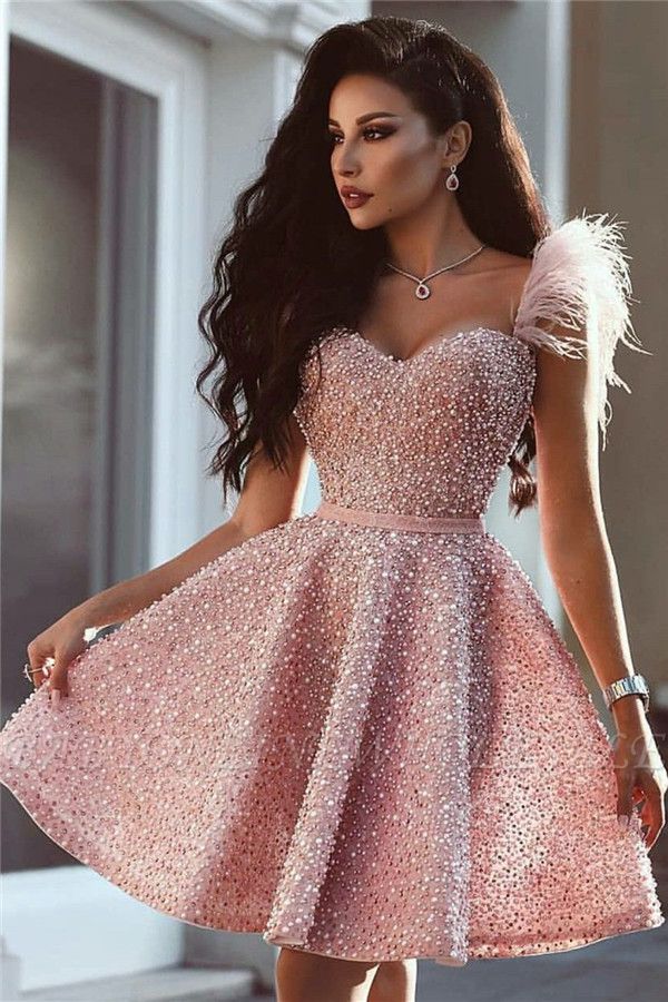 Full Beads Pink Short Evening Dress  | Sleeveless Luxury Cute Fur Homecoming Dress