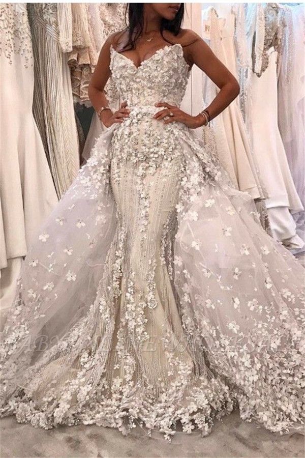 Spaghetti Strap White Mermaid Luxury Wedding Dress with Lace Overskirt