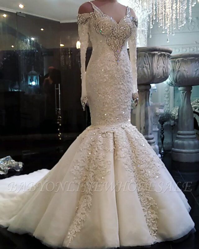 Sirena elegante mangas largas vestidos de novia | 2021 vestidos de novia de encaje de cristal en línea