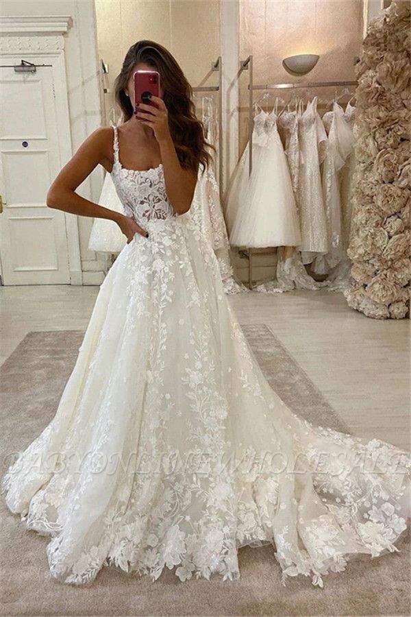 Glamorous Lace Appliques Spaghetti A-line Bridal Gowns Sweep Train ...