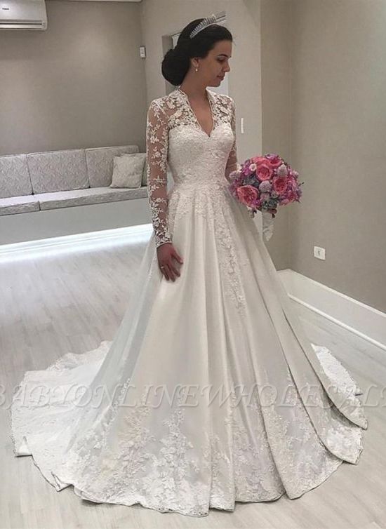 Elegant Floral Lace Long Sleeves Floor-Length Aline Wedding Dress