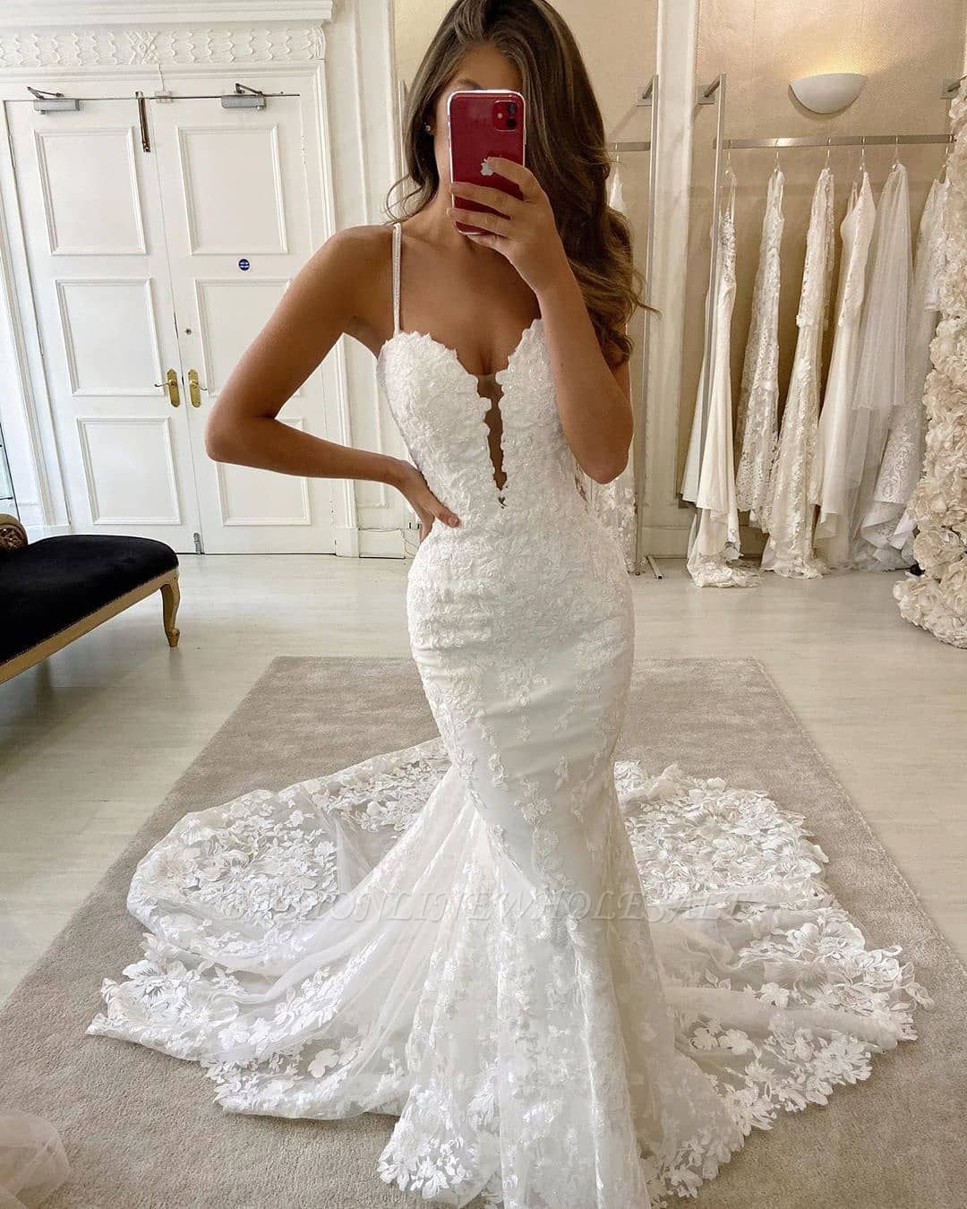 Delicate Double V-Neck Spaghetti Lace Appliques Mermaid Wedding Dresses ...