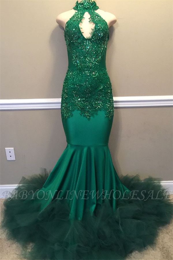 Elegant Beads Appliques Halter Prom Dresses | Fit and Flare Sleeveless Tulle Evening Gowns