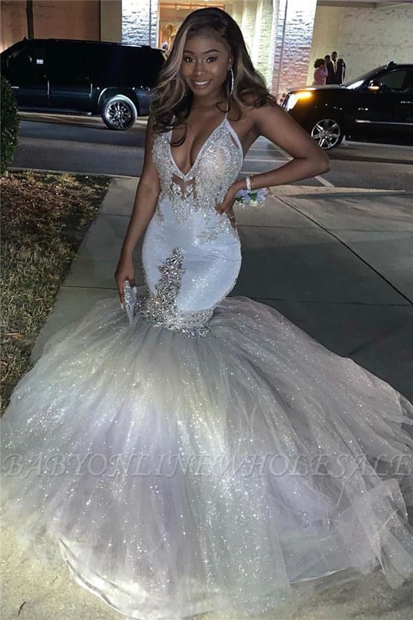 Spaghetti Straps Silver Sparkling Sequins Prom Dress | Beads Appliques ...