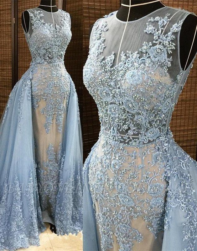 Coluna lindo Sleleveless vestidos de noite longos | Apliques de renda Beading Sexy Prom Dress com Overskirt