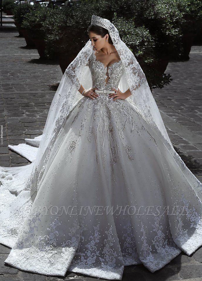 Glamorous manches longues Tulle Appliques Robes de mariée Crystal Robes de mariée avec arc BA7970