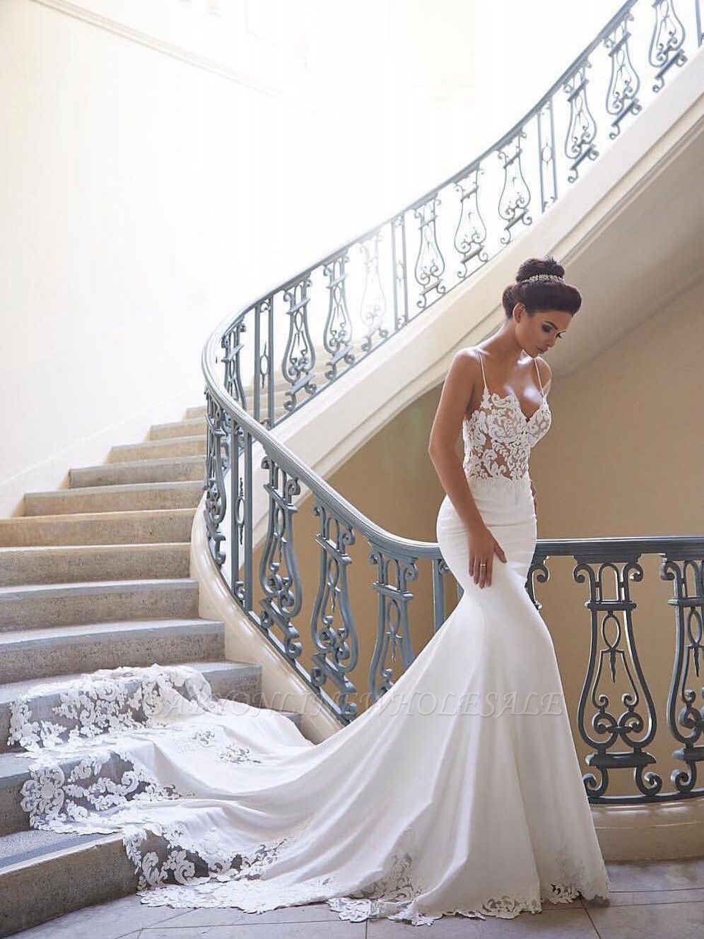 Robe de Mariée Sexy Sirène avec Bretelles à Traîne Fleurie en Mousseline avec Dentelle