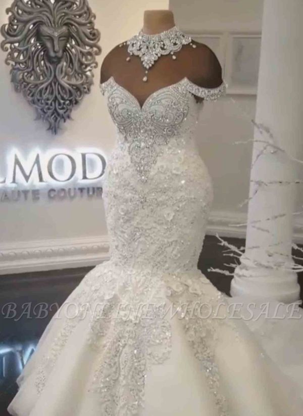 Luxury Crystals Mermaid Wedding Dresses Off The Shoulder Appliques Bridal Gowns 7386