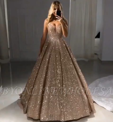 Shiny Gold Ball Gown Evening Dresses Sexy V Neck Sequin Prom Dresses