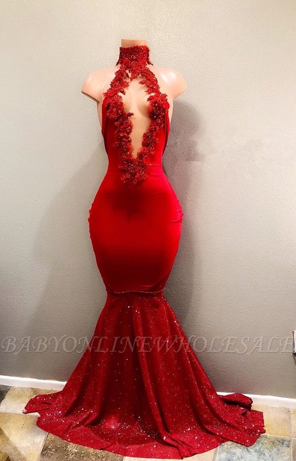 Newest Mermaid Red Lace High Neck Prom Dress | Red Prom Dress BA8154