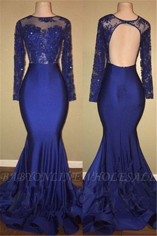 Sexy Open Back Royal Blue Real Model Prom Dresses | Lace Long Sleeve Mermaid Evening Gown BA7863