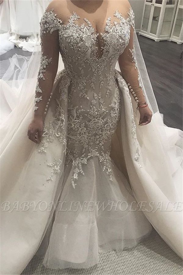 Robes de mariée en dentelle sirène glamour 2021 | Robes de mariée sexy en tulle transparent avec boutons BC0535