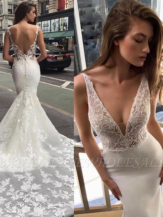 Glamorous Spaghetti Deep V-Neck Mermaid Sleeveless Bridal Gown|2021 Backless Wedding Dress with Lace Appliques
