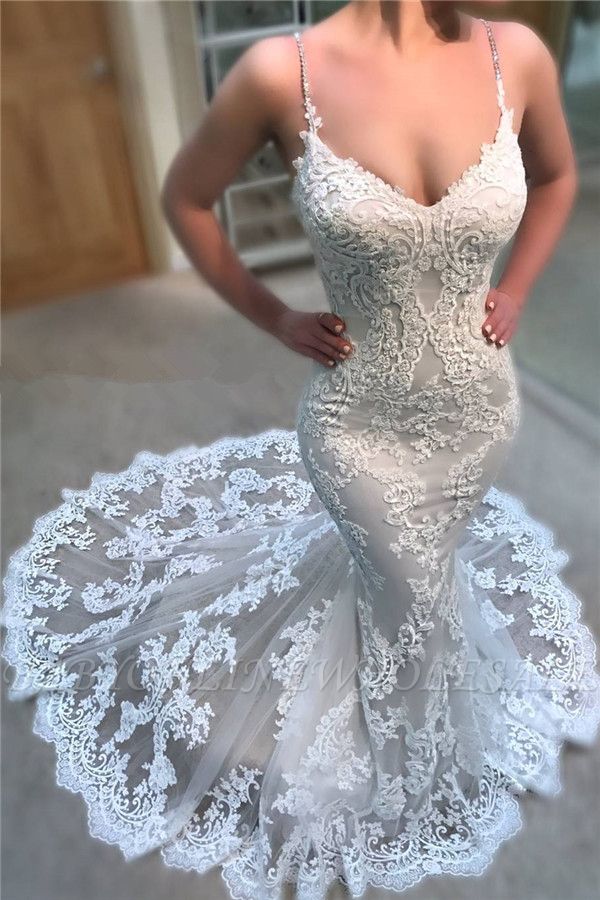 Sexy sirena correas espaguetis vestidos de novia de encaje | Vestidos de novia baratos en línea 2021