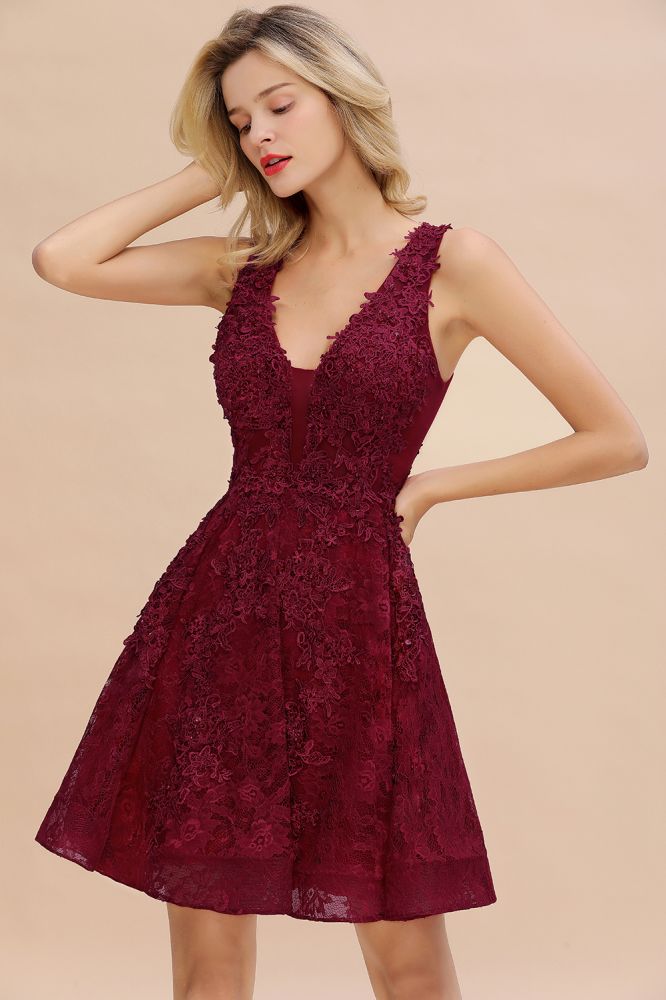 Princess V-neck Knee Length Lace Appliqued Homecoming Dresses | Burgundy Dress for Homecoming