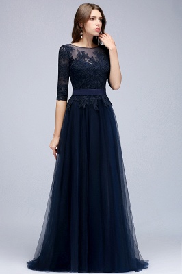 NANA | A-line Half Sleeves Floor Length Slit Appliqued Tulle Prom Dresses with Sash_7