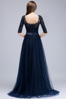NANA | A-line Half Sleeves Floor Length Slit Appliqued Tulle Prom Dresses with Sash_5