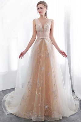 NANETTE | A-line Sleeveless Long Tulle Appliques Champangne Evening Dresses with Sash_6
