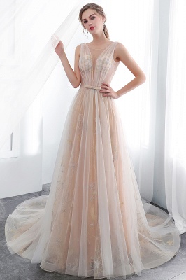 NANETTE | A-line Sleeveless Long Tulle Appliques Champangne Evening Dresses with Sash_5