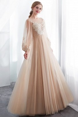 NATALIE | A-line Long Sleeves Appliques Tulle Champagne Evening Dresses_7