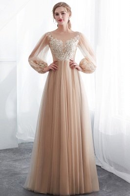 NATALIE | A-line Long Sleeves Appliques Tulle Champagne Evening Dresses_5