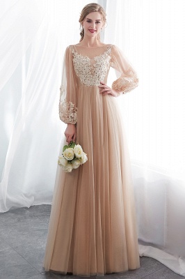 NATALIE | A-line Long Sleeves Appliques Tulle Champagne Evening Dresses_6